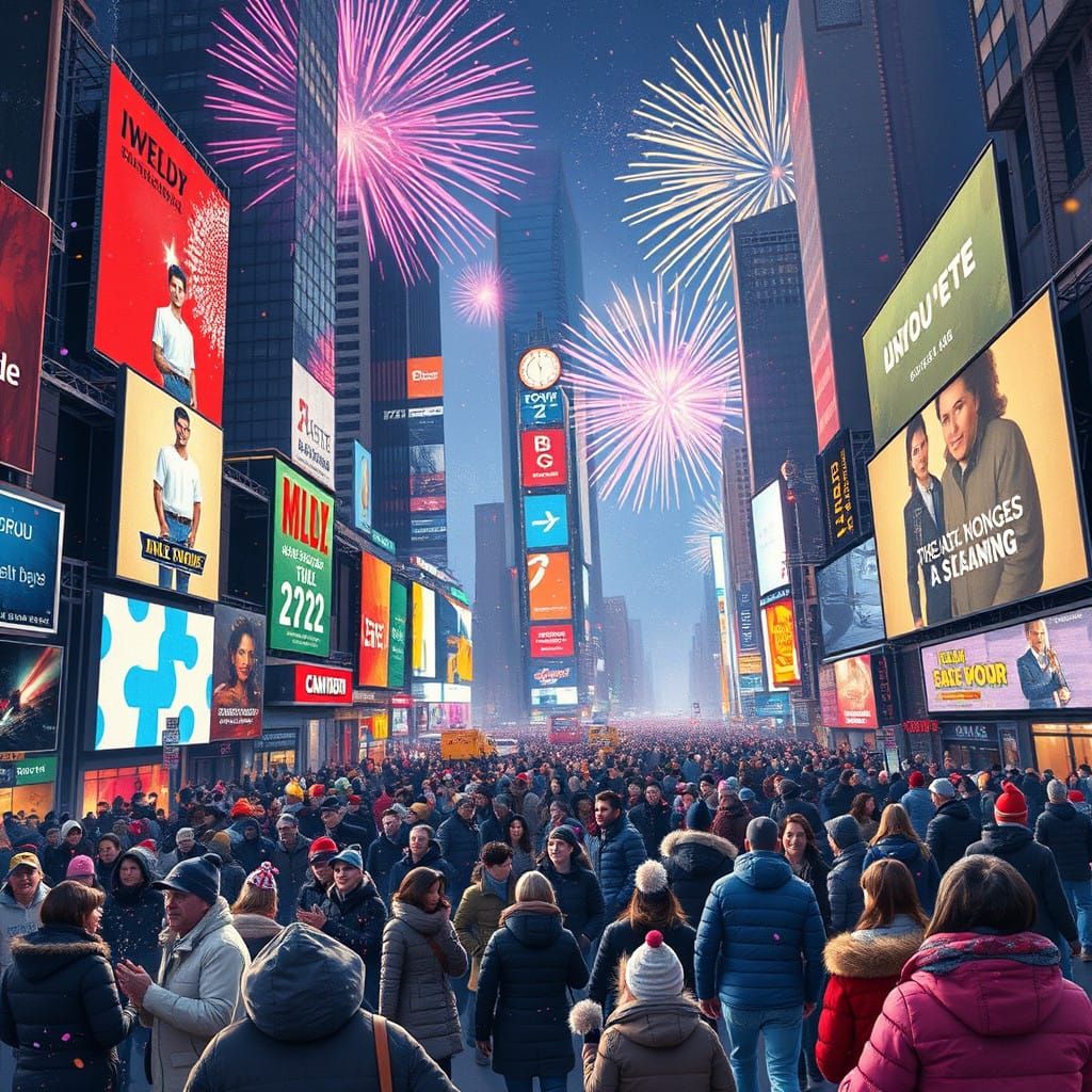 Futuristic Times Square on New Year's Eve with Vibrant Firew...