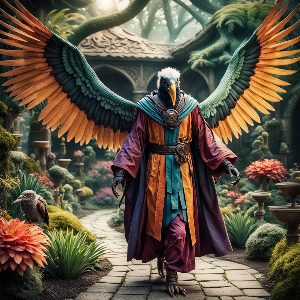 Aarakocra Warlock Strolls Through Fantasy Garden