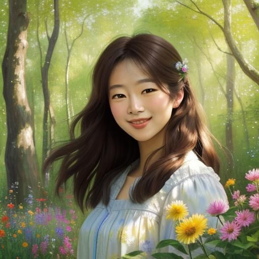 Woman Smiling in Forest, Impressionist Oil Painting