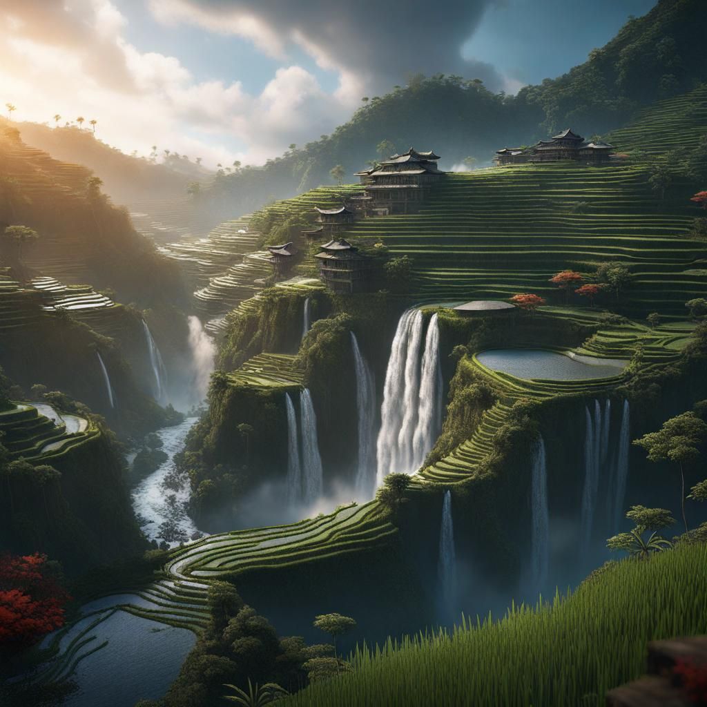 Waterfall and Rice Terraces: Fantasy Concept Art
