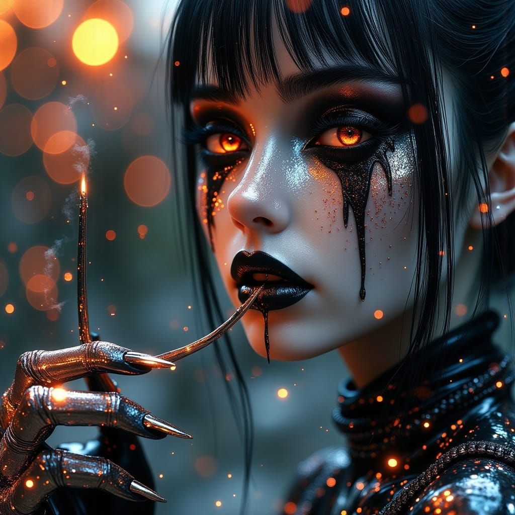 Ethereal Goddess with Dripping Eyes in Biopunk Scene