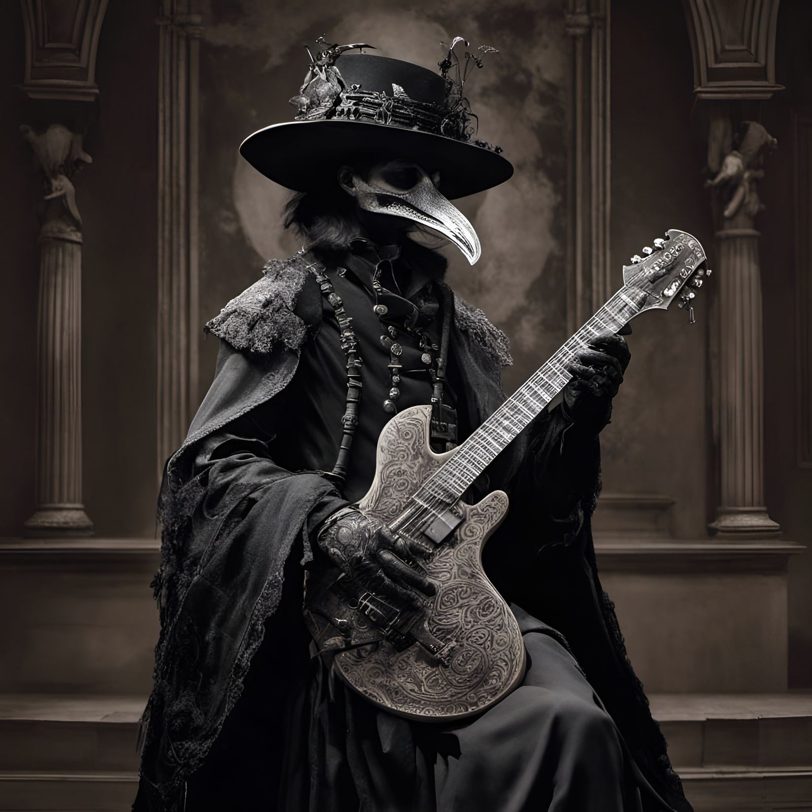 Steampunk Plague Doctor Guitarist in Victorian Gothic Style