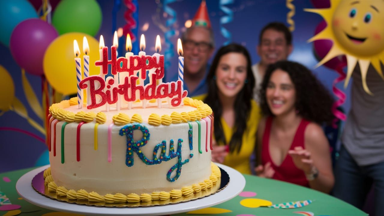 Festive Birthday Cake with Balloons and Streamers