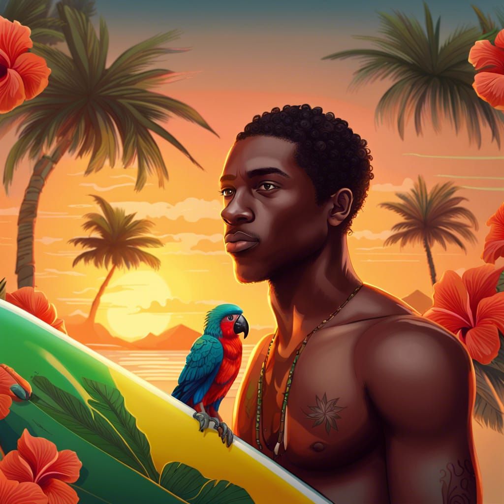 Jamaican Boy on Tropical Beach at Sunset