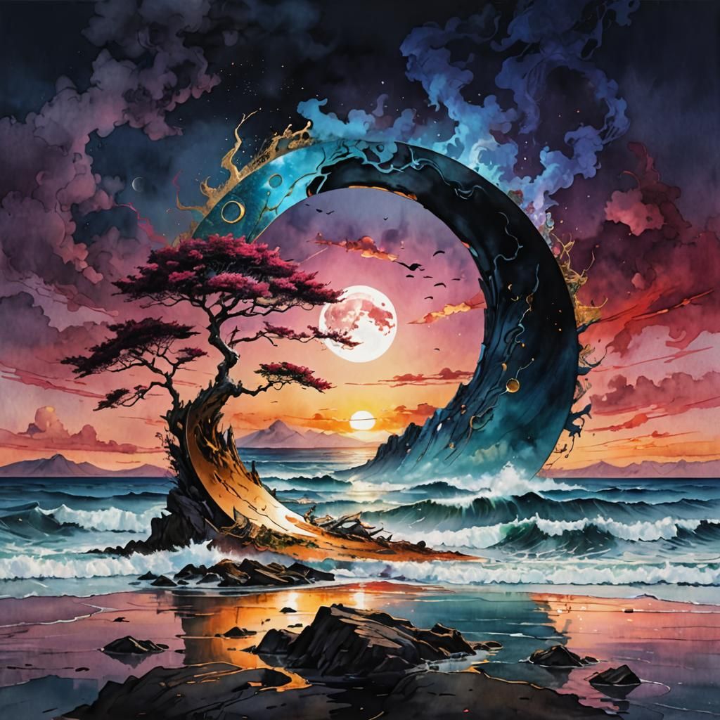 Surreal Yin Yang Sun Moon Bonsai Watercolor