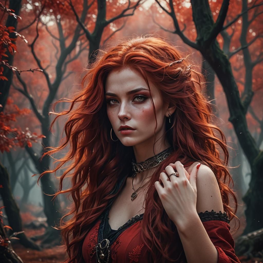 Red-Haired Woman in Forest, Detailed Matte Painting