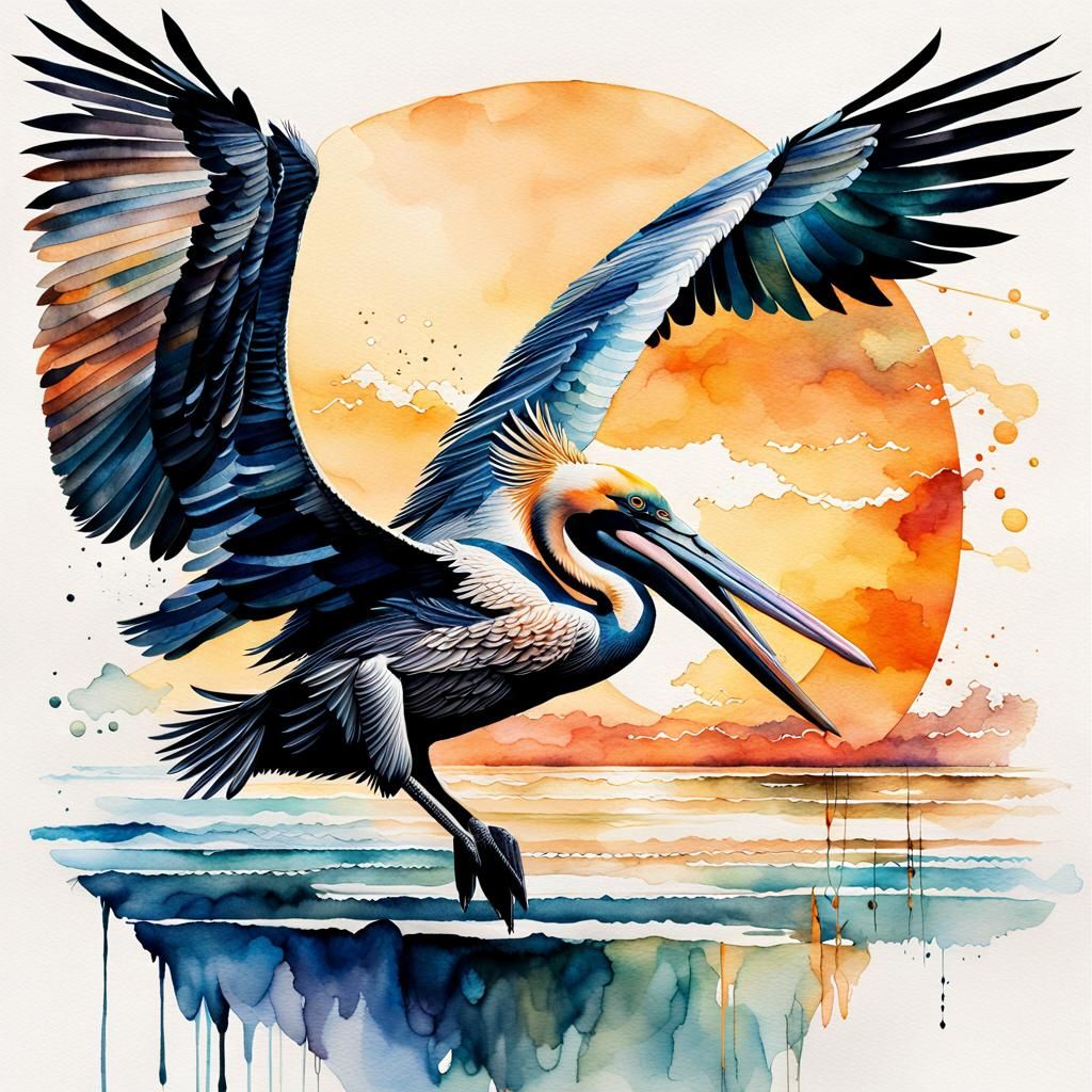 Watercolor Pelican Oceanscape at Golden Hour