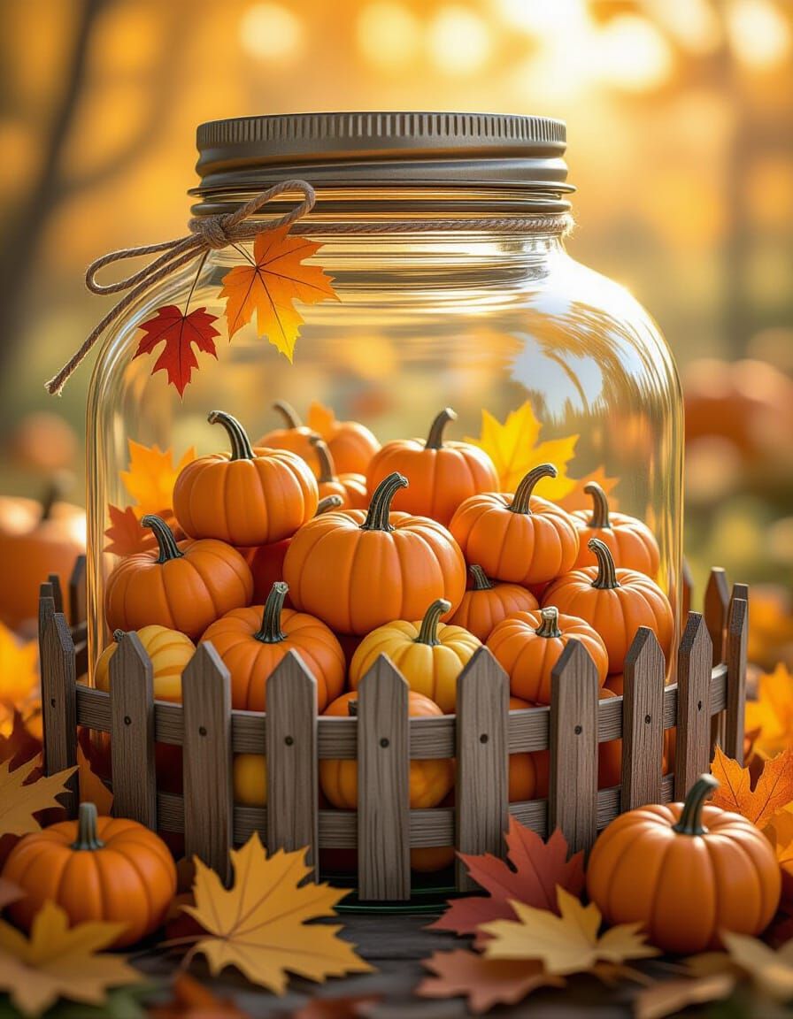 Miniature Autumn Pumpkin Patch Inside Ornate Glass Jar