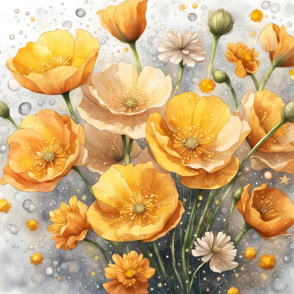 Glamorous Watercolor Sketch of Colorful Buttercups