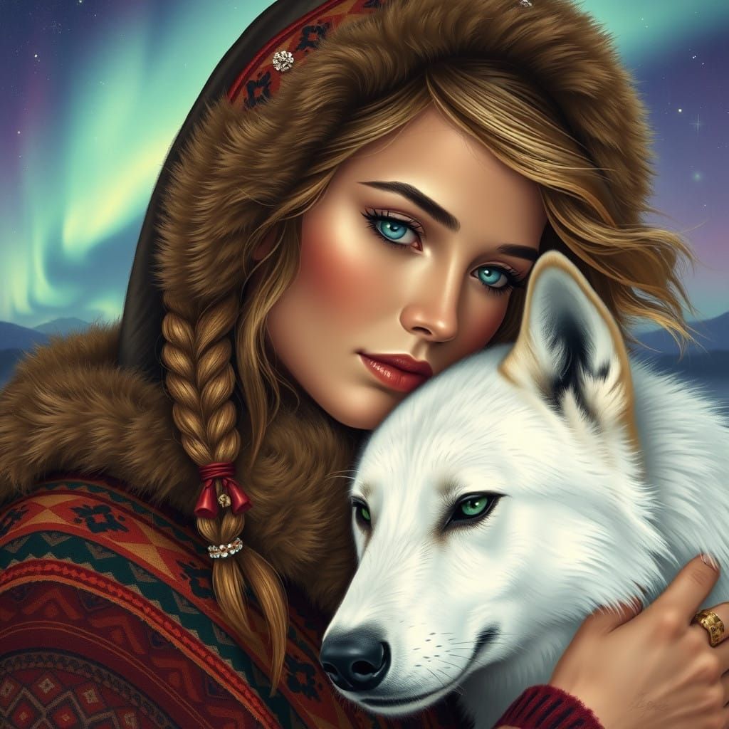 Ethereal Saami Princess in Embroidered Fur Hood Jacket