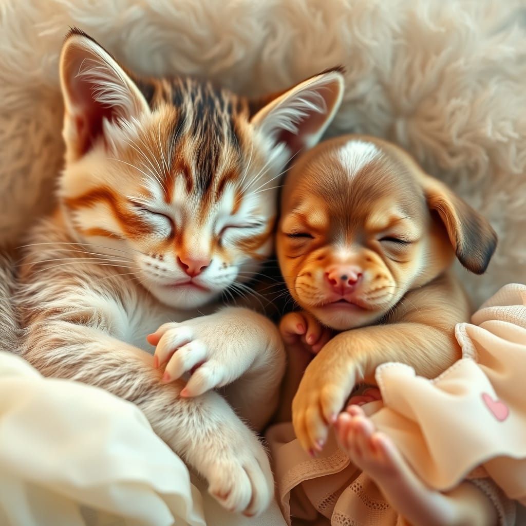 Peaceful Feline Canine Duo in Whimsical Realism