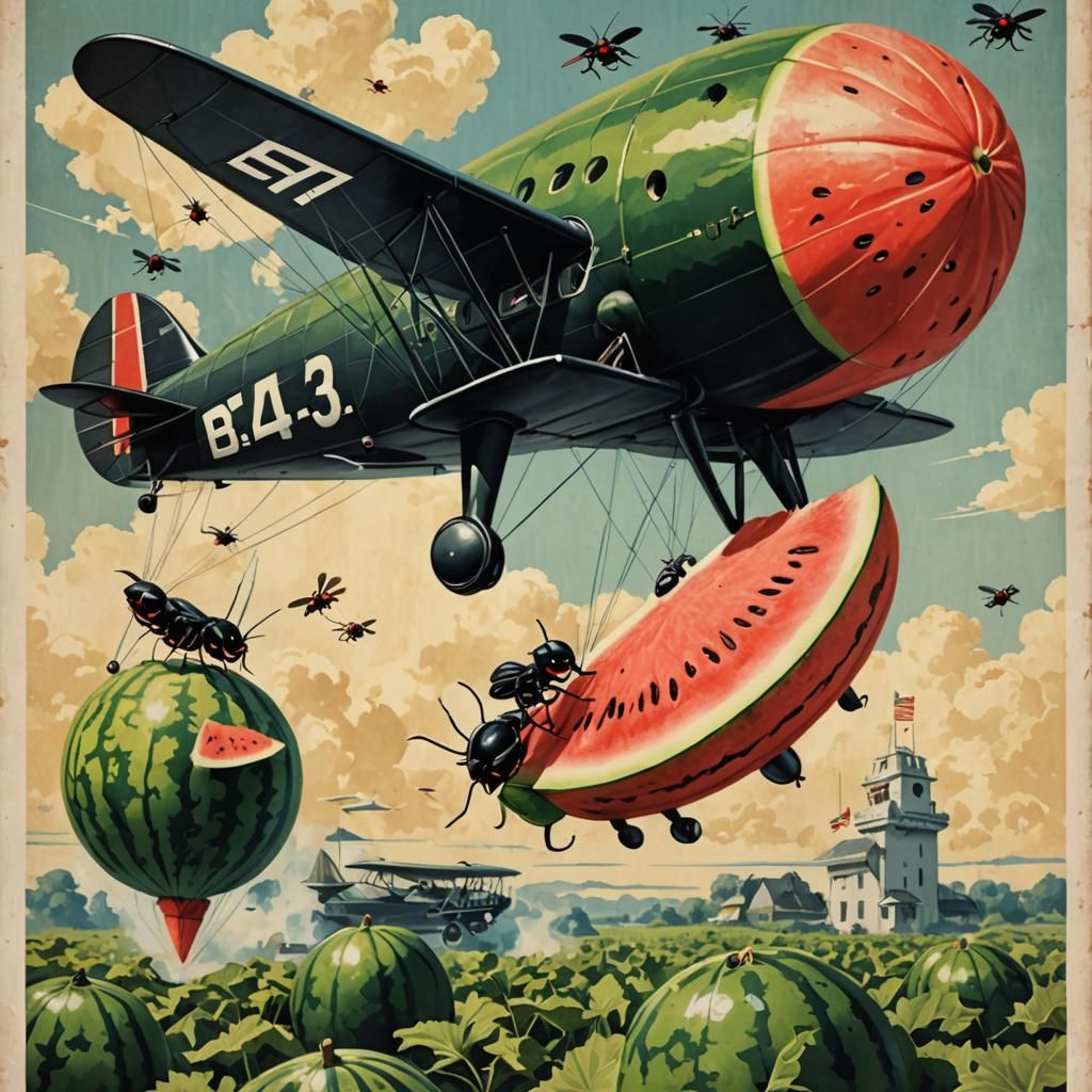 Ant Biplane Attacks Watermelon Blimp in WWII Style