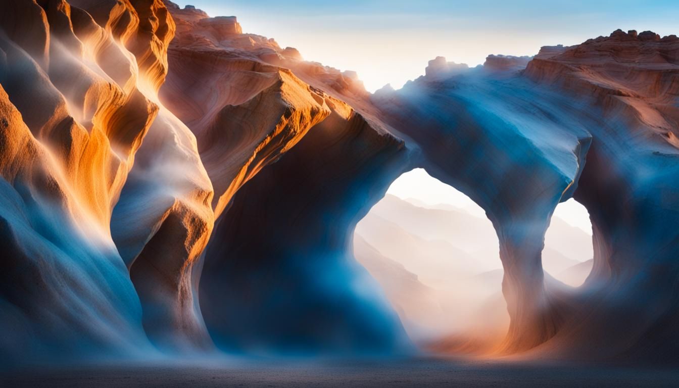Marble Desert Canyon with Fog and Sparkling Sand