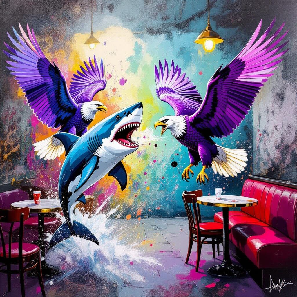 Nightmare Shark Battles Lilac Eagles in Graffiti Art Cafe