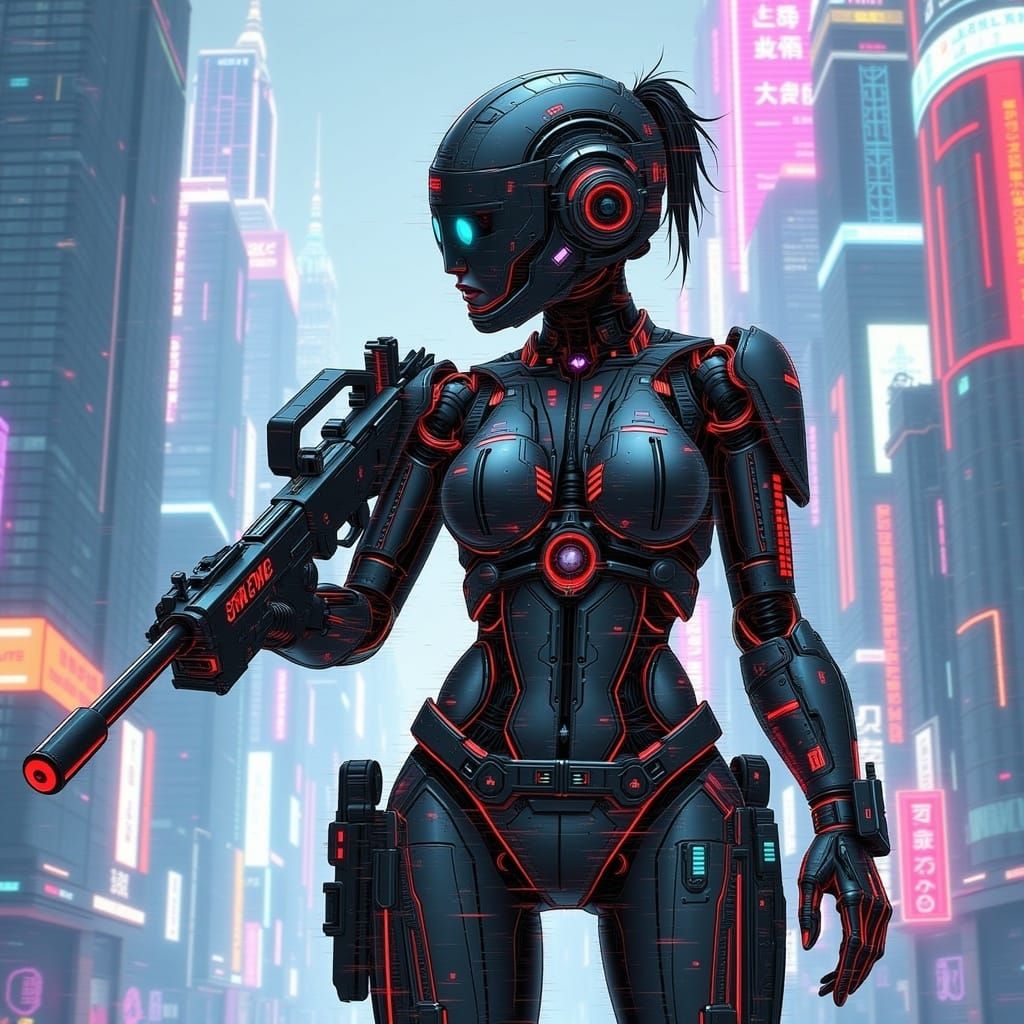 Cute Robot with Shotgun in Glitch Art Style