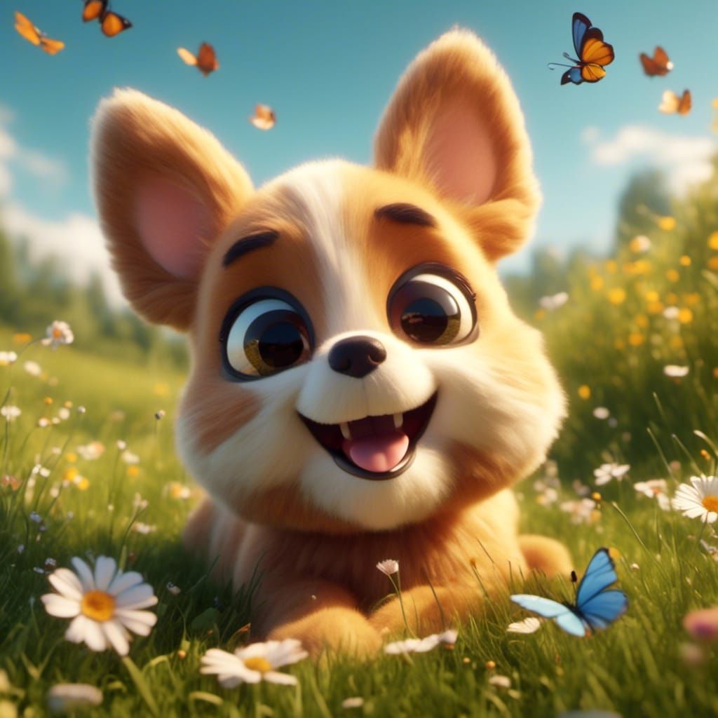 Super-Cute Cartoon Puppy in Sunny Meadow
