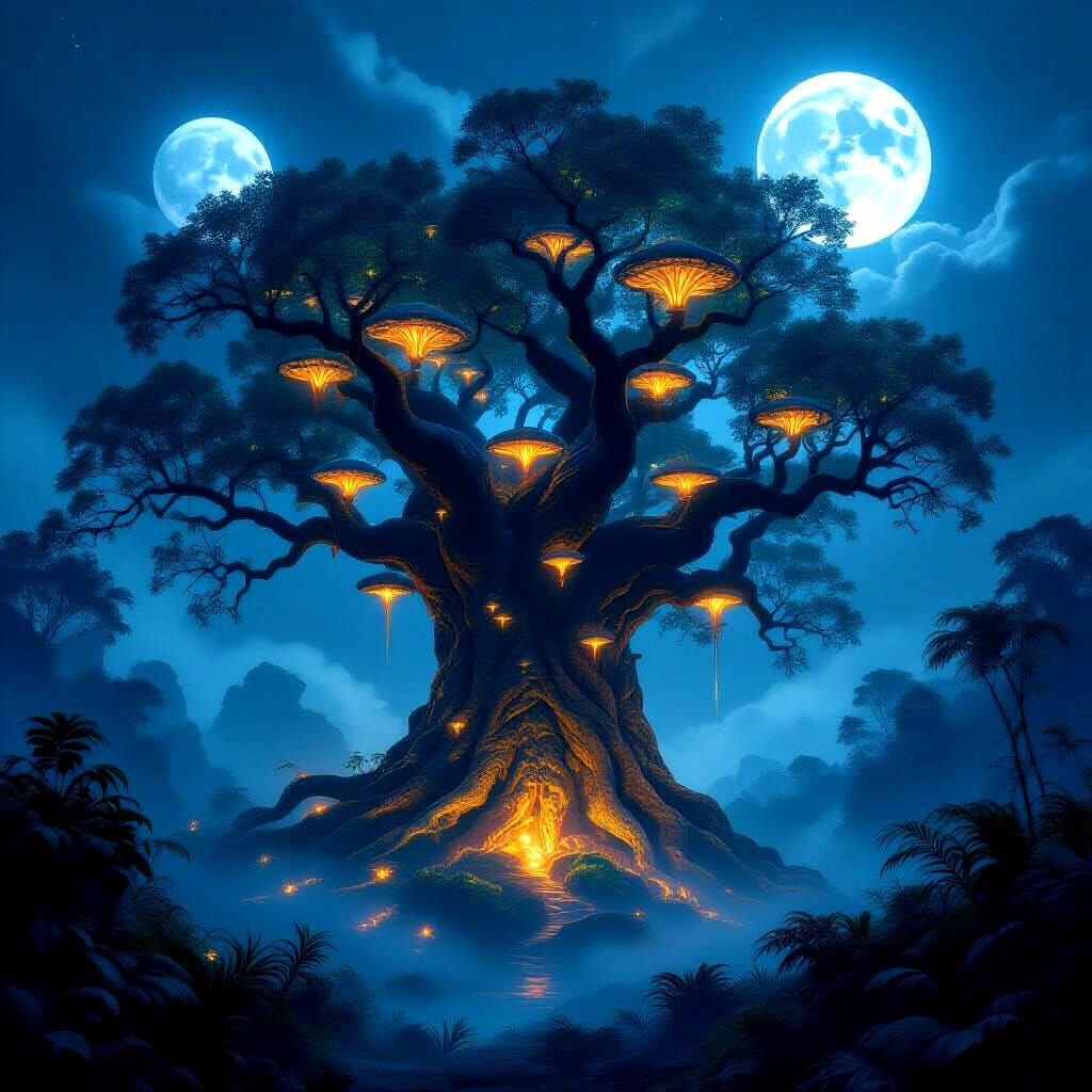 Ancient Bioluminescent Tree in Alien Jungle with Twin Moons