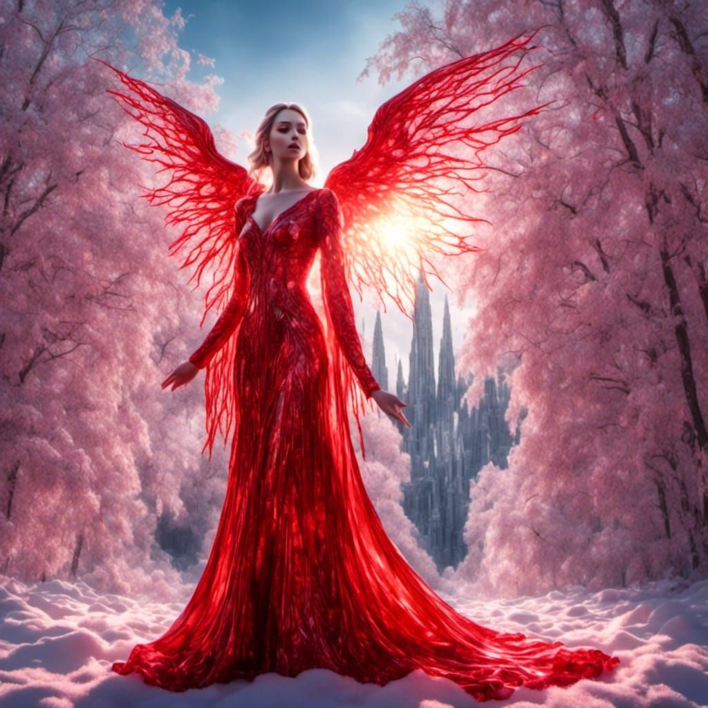 Happy Red Glass Angel in Snowy Landscape