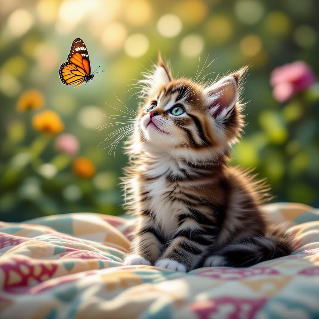 Kitten Gazing at Butterfly: Hyperrealistic Digital Art