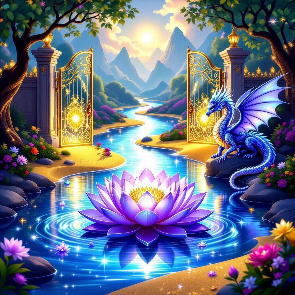 Mystical River Flows From Glowing Lotus Flower