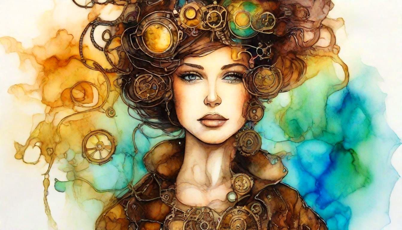 Steampunk Woman in Bioluminescent Alcohol Ink Dreamscape