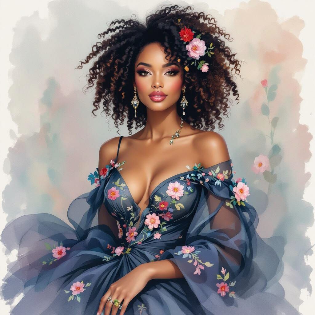 Glamorous Woman in Silk Gown with Floral Ornaments