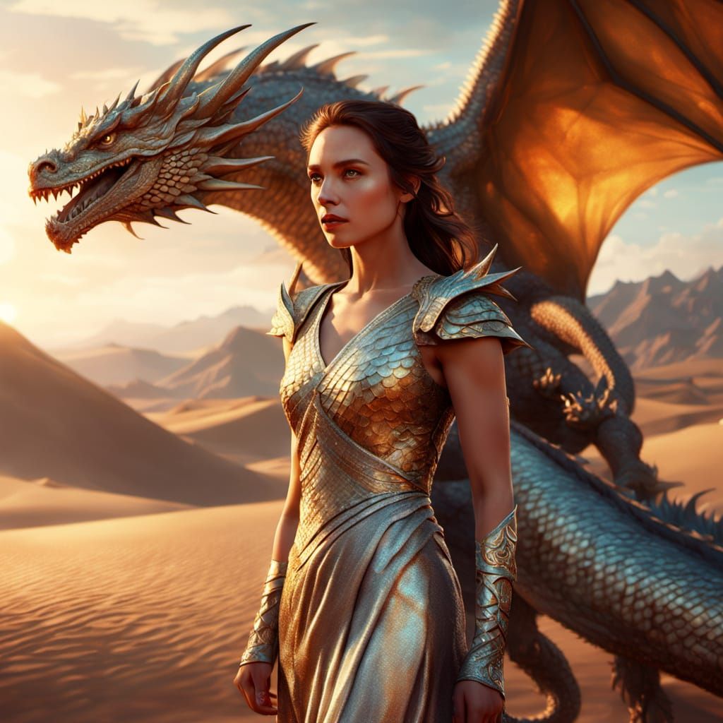 Woman and Dragon in Golden Desert: Fantasy Art
