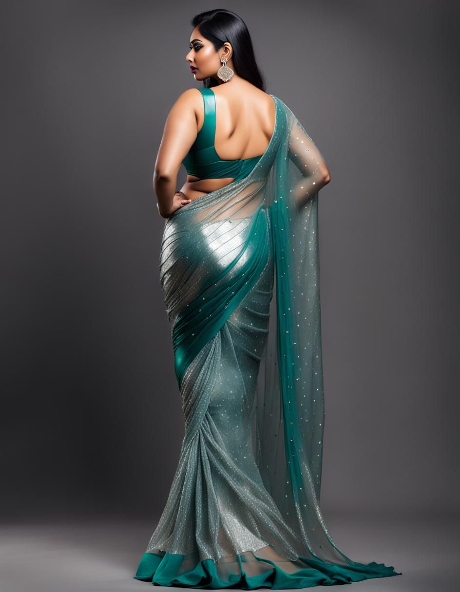 Curvy Indian Woman in Glittering Saree Photoshoot