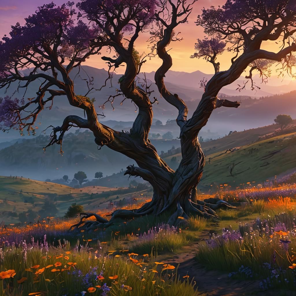Spring Meadow Landscape in Dark Fantasy Style