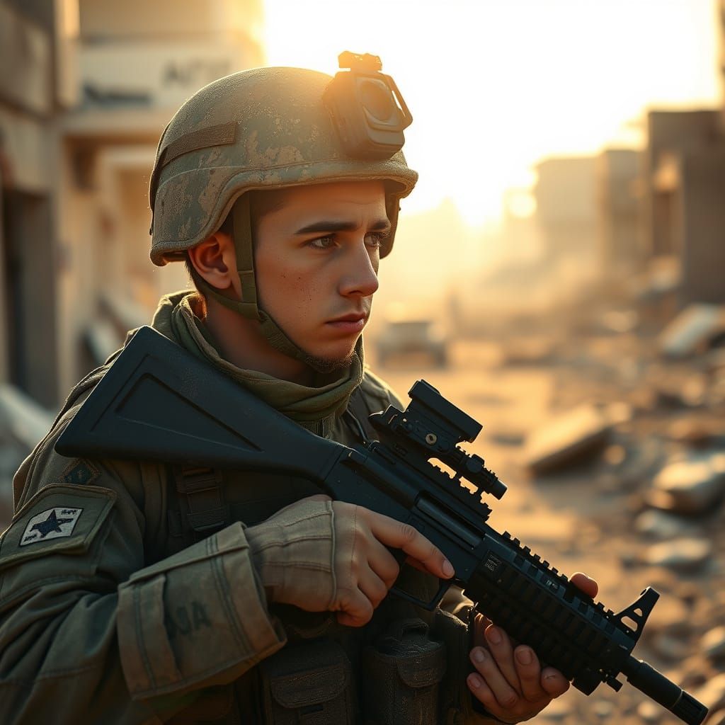 Young Israeli Soldier in Gaza Strip Landscape