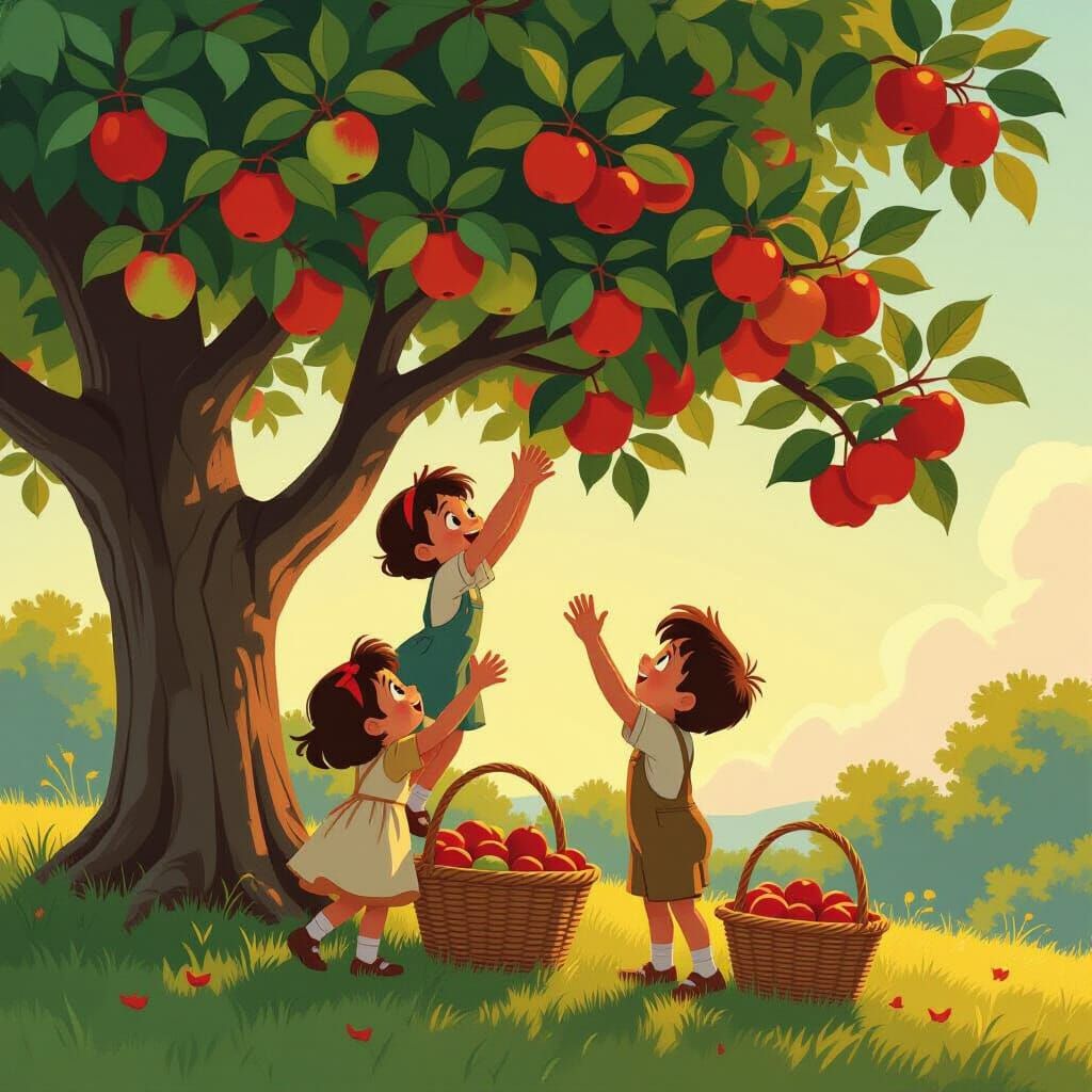 Children Picking Apples in Golden Hour Light