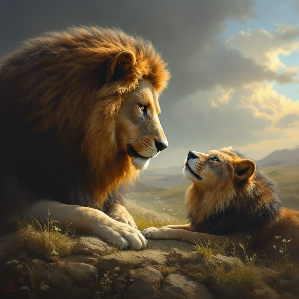 Majestic Orange Lion Confronts Dark Wolf in Dramatic Scene