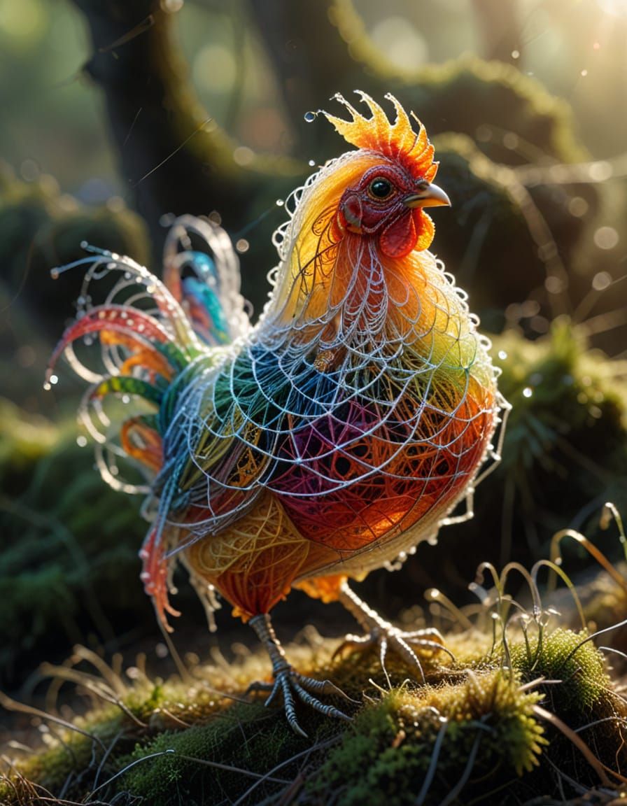 Intricate Spiderweb Chicken Sculpture in Sunrise Light