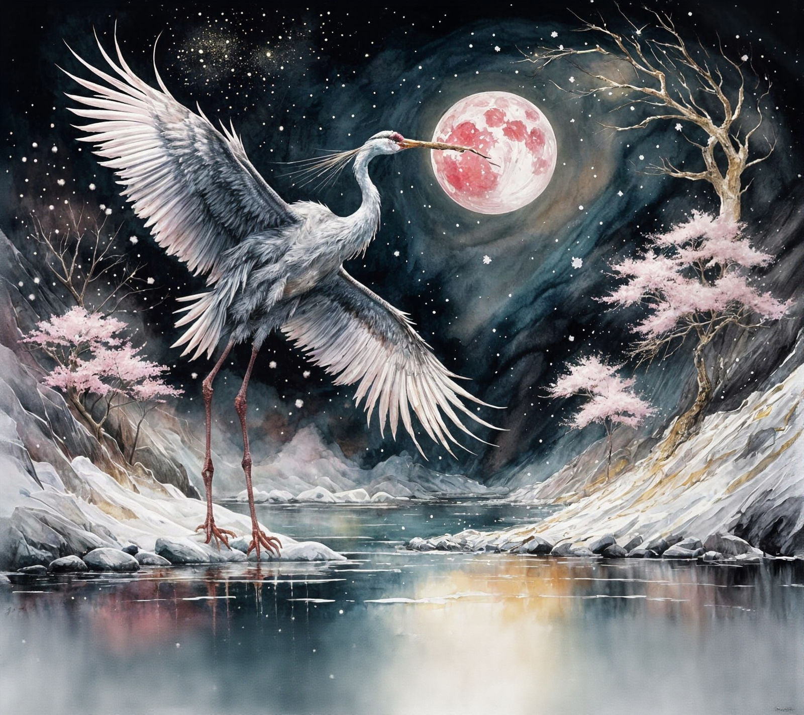 Glowing Watercolor Crane Under Melting Golden Moon