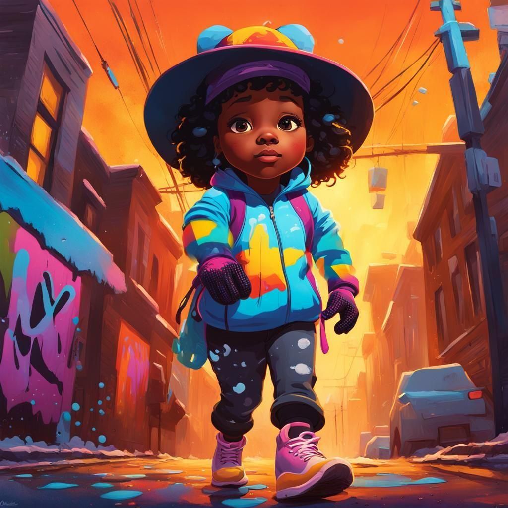 Vibrant Street Art of a Focused Fat Girl on a Frigid Day