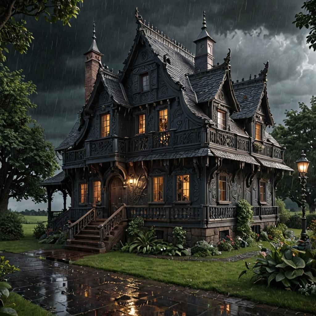 Dark Rainstorm Cottage in Hyperdetailed Baroque Style