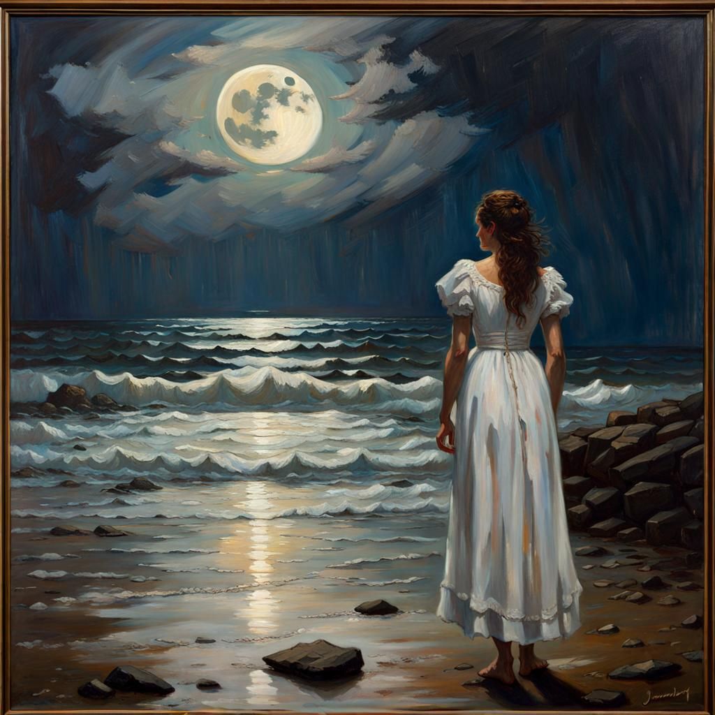 Woman on Stormy Shore, Oil Painting