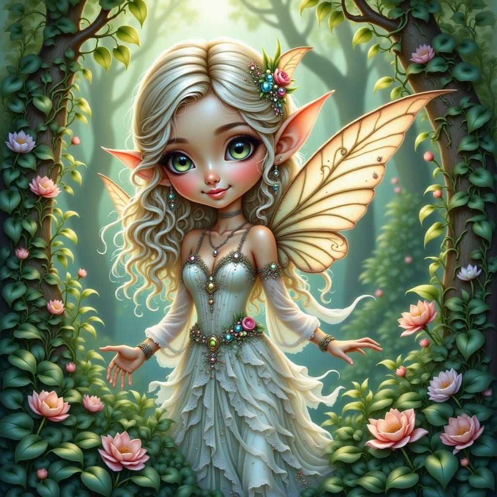 Whimsical Fairy in Luminous Forest, Double Exposure Oil Ink....
