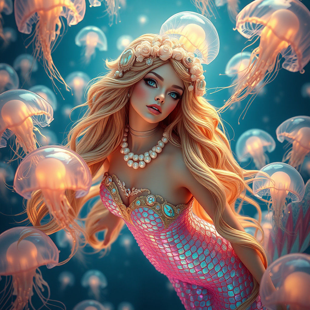 Fantasy Mermaid in Ethereal Jellyfish Swarm