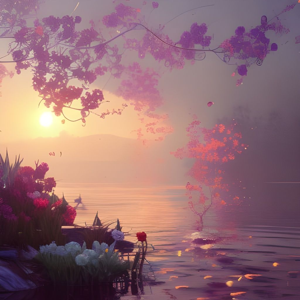 Flowers Floating on Water at Sunset: Hyperdetailed Concept A...