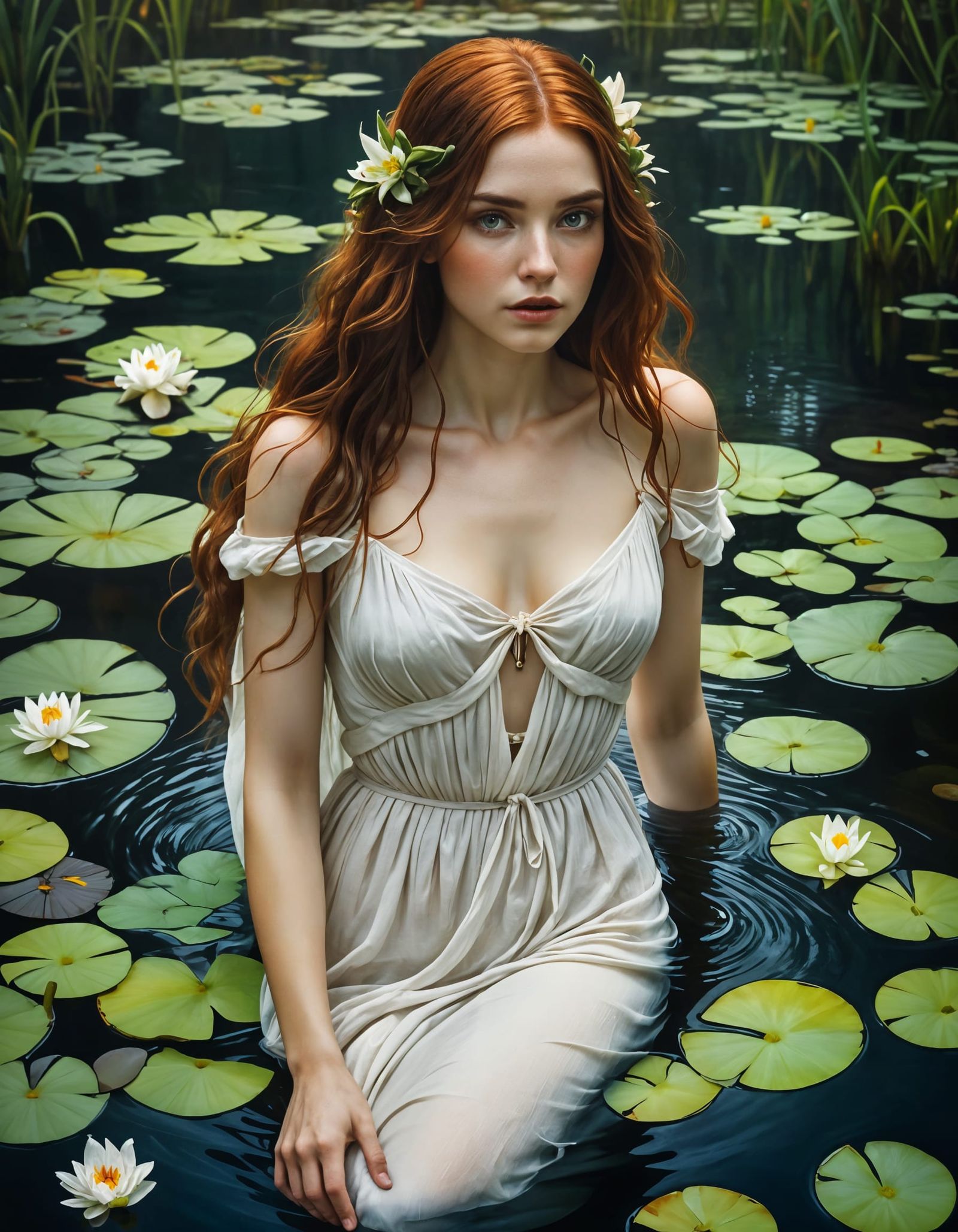 Forest Nymph Bathes in Lily Pond, Disney Noir Oil Painting