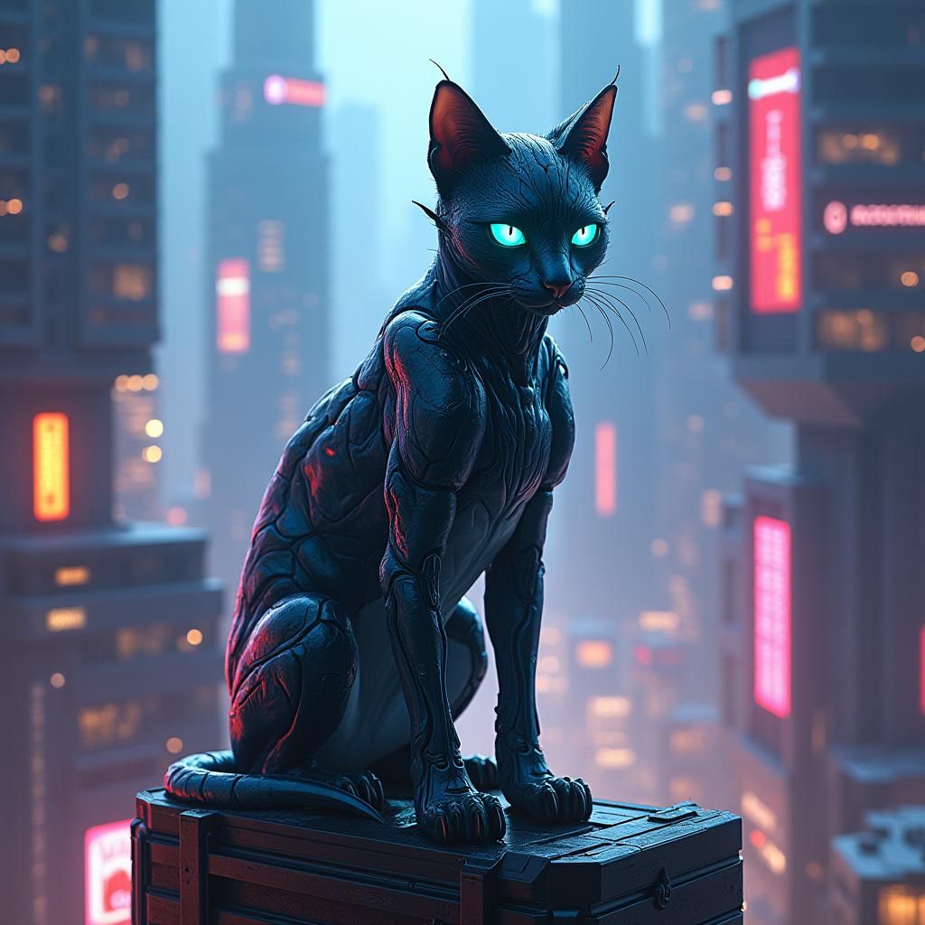 Cybernetic Cat on Futuristic Skyscraper in Cyberpunk Style