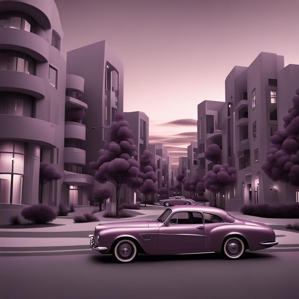 Mulberry Monochromatic Cityscape with Car