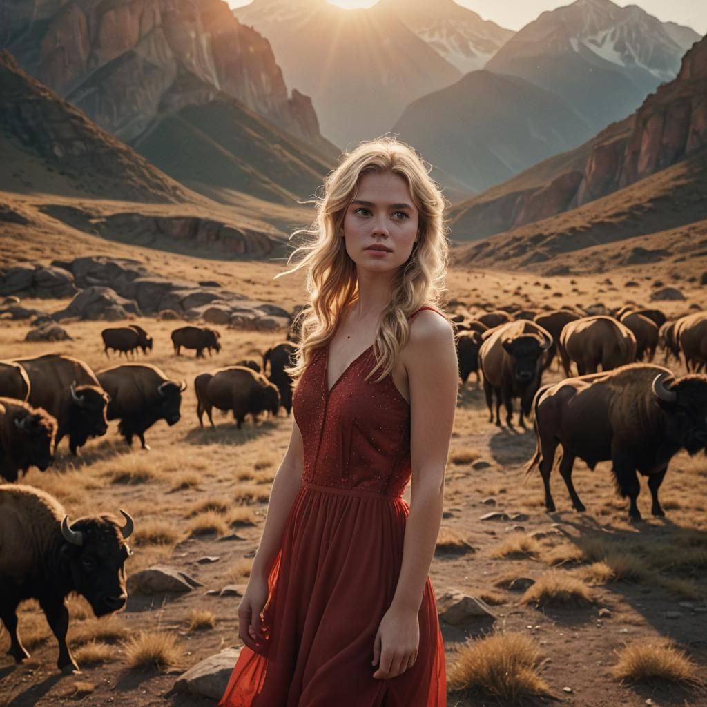 American Blonde in Red Dress, Cinematic Western Scene