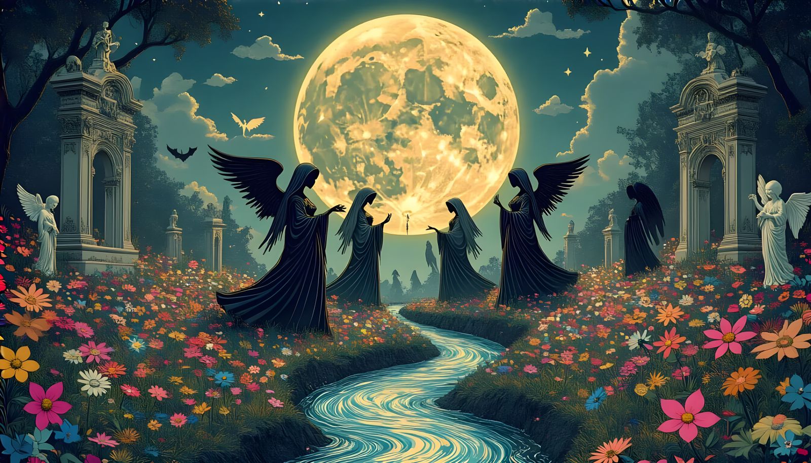 Gothic Statues Dancing in Moonlight: Afrofuturist Cemetery