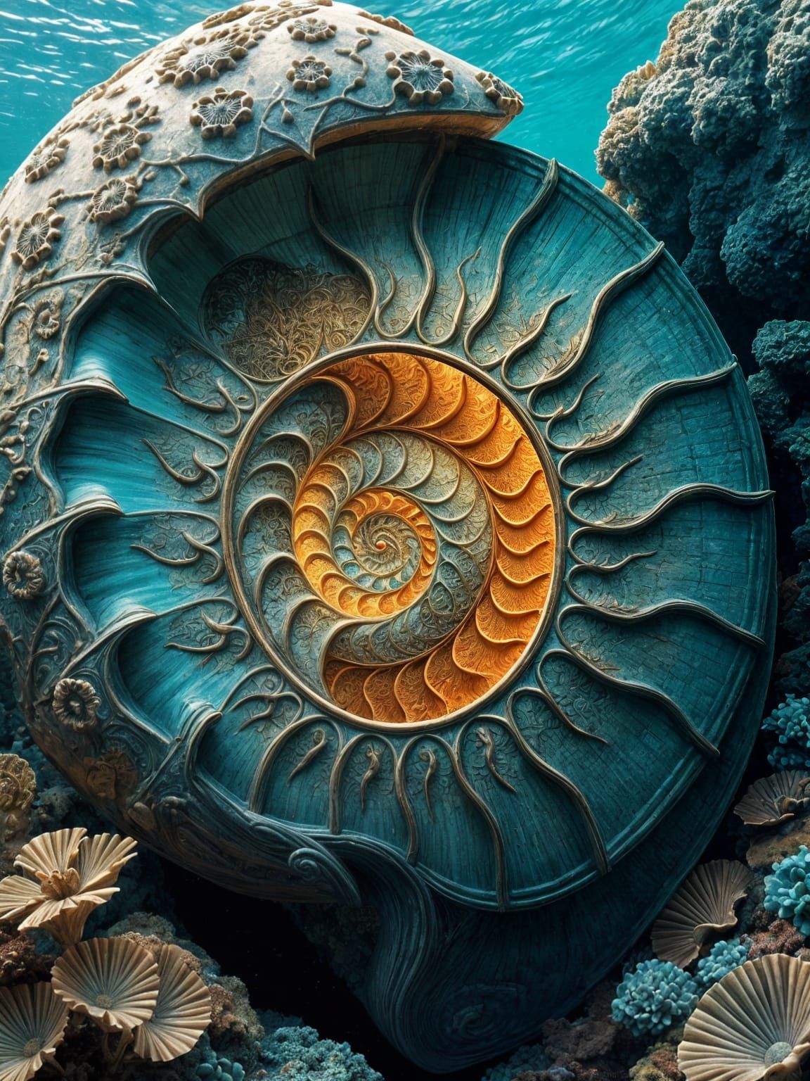 Vibrant Nautilus Shell in Whimsical Underwater Scene