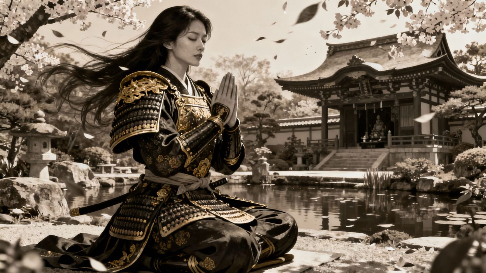 Samurai Woman Meditating in Zen Garden, Sepia Toned