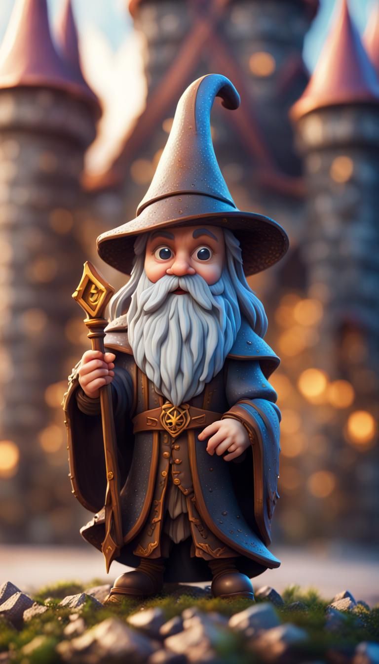 Wizard Bobblehead with Castle Bokeh, Fantasy Art