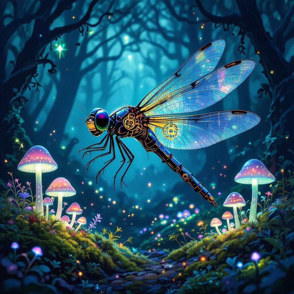 Clockwork Dragonfly Over Bioluminescent Mushrooms