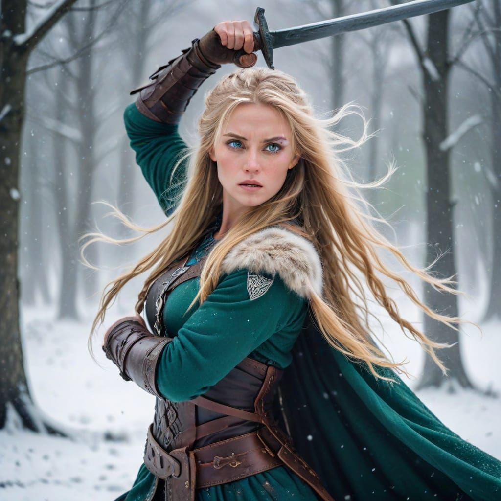 Ethereal Viking Maiden Battles Winter Storm